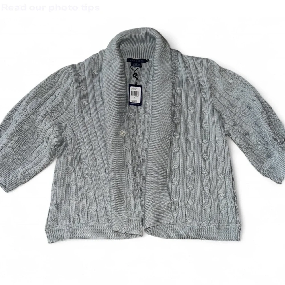 Ralph Lauren Light Gray Cable Knit Women’s size XL Cardigan Sweater NWT - Picture 1 of 3